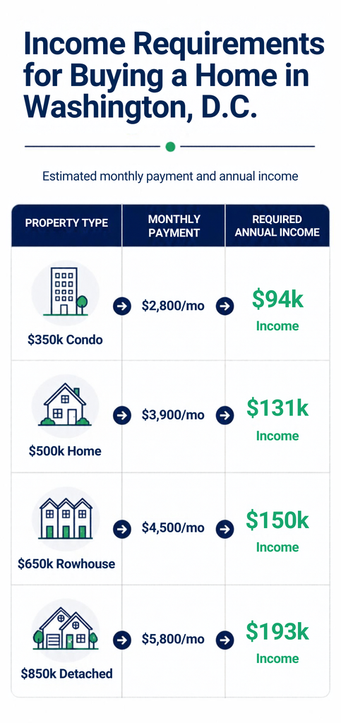 Infographic showing estimated monthly payments and annual income needed to buy a home in Washington DC across $350k, $500k, $650k, and $850k price points.