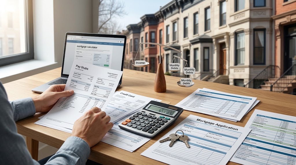 Photorealistic financial planning scene for DC mortgage affordability guide, featuring house keys, calculator, financial documents on a modern desk, with elegant Washington DC residential architecture in the background, textless landscape format.