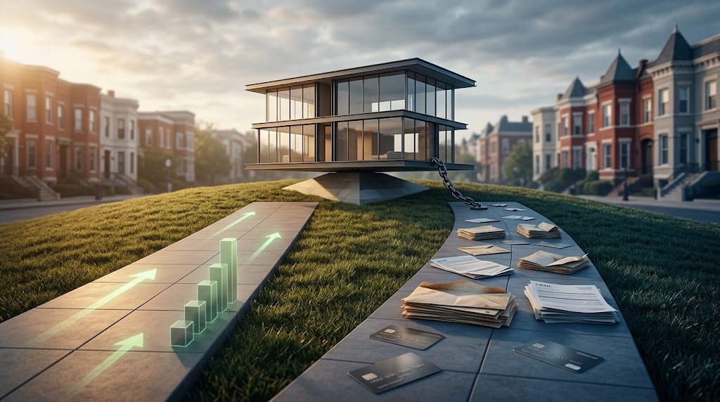 Cinematic photorealistic editorial hero image for U.S. mortgage and home-buying website, visualizing the debt-to-income ratio (DTI) concept as a modern house silhouette balanced between an ascending path of income indicators and a descending path of monthly debt obligations (bills, loans, credit cards), textless landscape format with Washington DC residential architecture in the distance.
