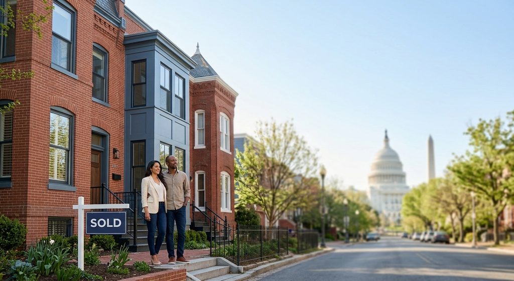 Diverse couple standing in front of a historic red-brick Washington DC rowhouse with a Sold sign and Capitol building view.