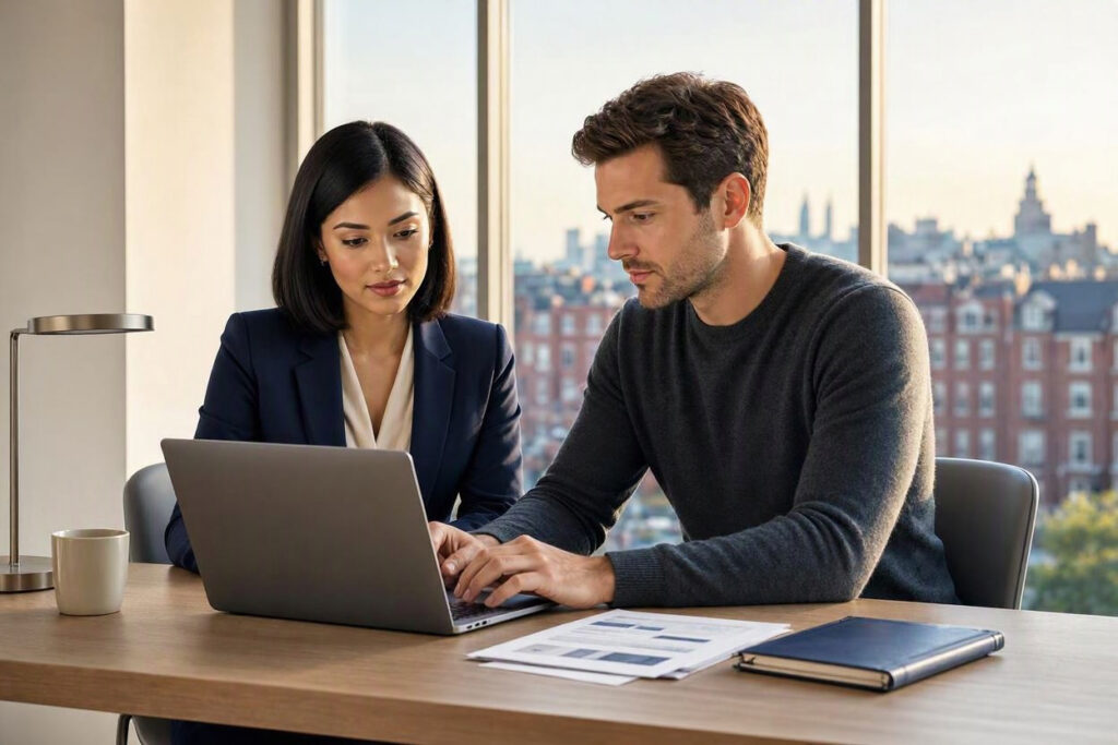 Homebuyers reviewing mortgage credit score reports and loan documents on a laptop in a city apartment.