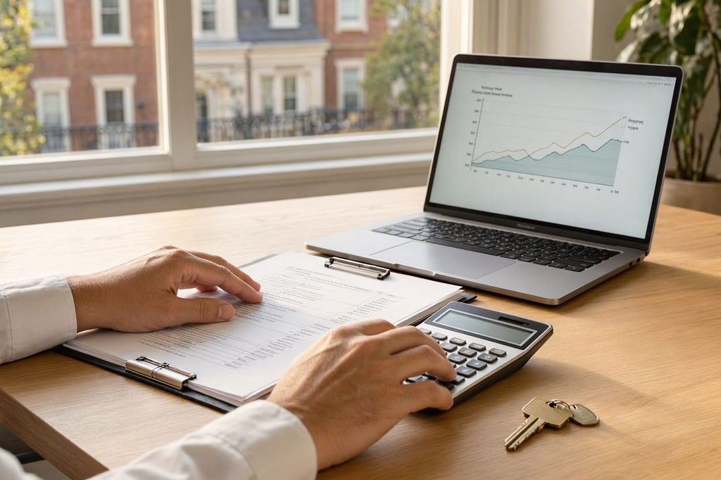 High-resolution hero image for DC mortgage points guide, visualizing the locked rate balance versus lower payment through discount points cost, with real break-even calculator details, a local brick rowhouse, and Capitol dome view.