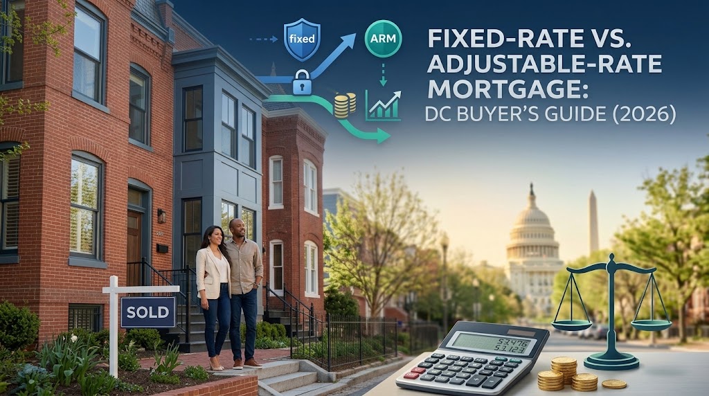 High-resolution hero image for DC mortgage guide, comparing fixed-rate locked stability versus adjustable-rate ARM risk, featuring a local brick rowhouse with Sold sign and Capitol dome view.